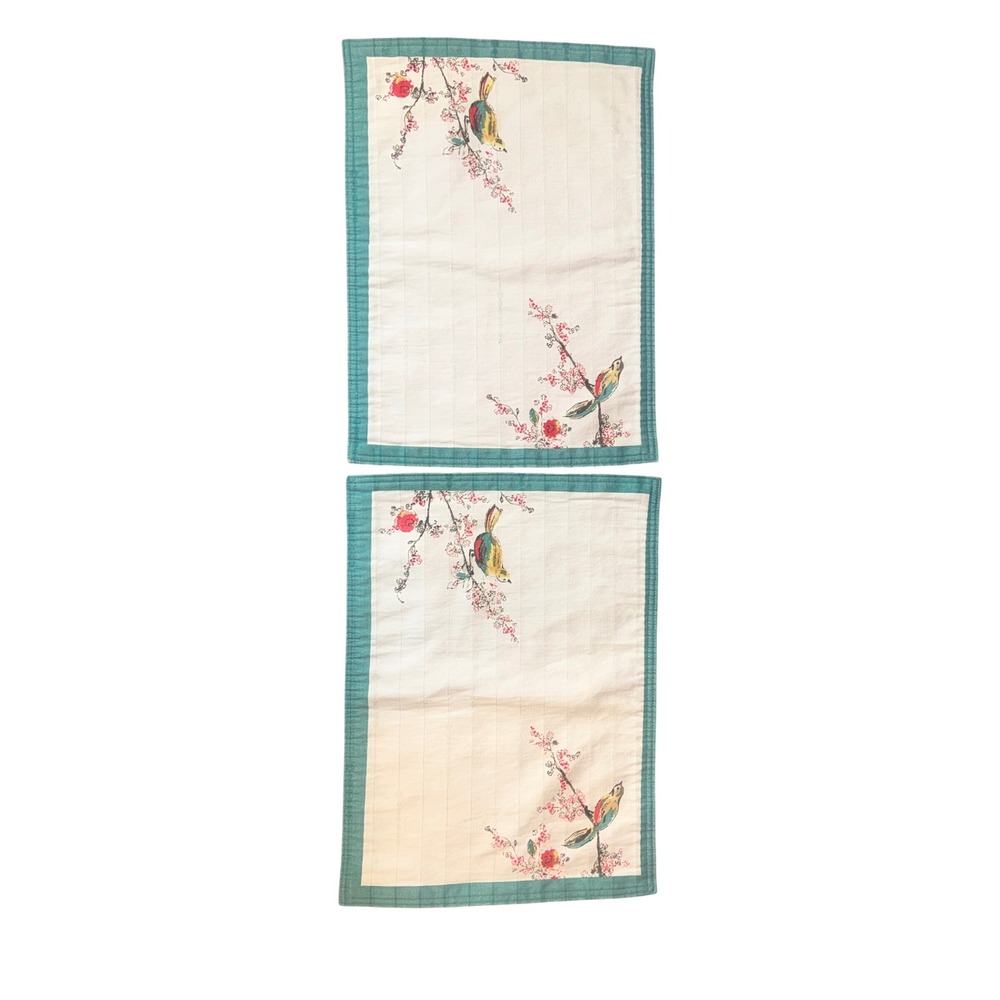 Lenox Chirp Quilted Placemats White Teal Bird Floral Set of 2 Nature Decor